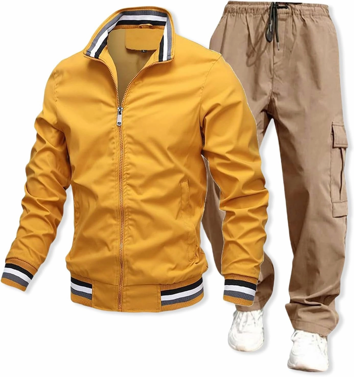 Mens Jacket Overalls 2 Piece Stand Collar Zipper Long Sleeve Jacket Trousers Spring Fall Casual Sport Set with Pocket