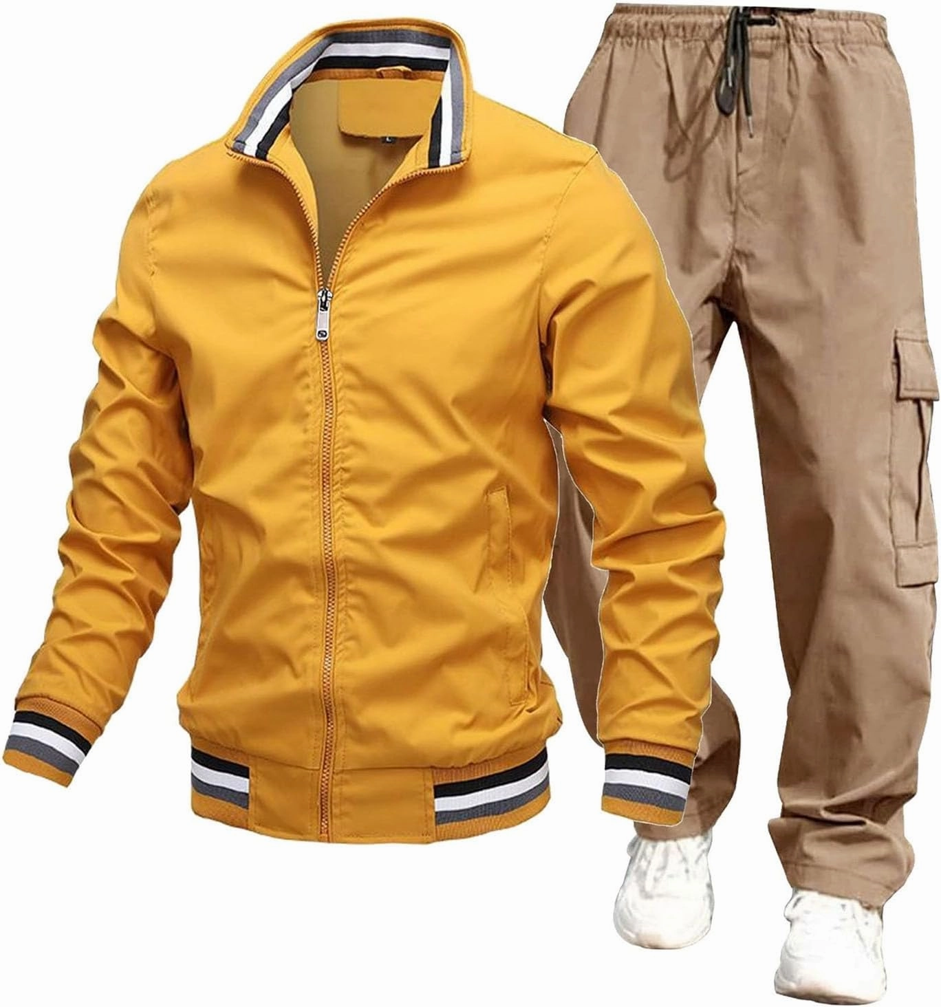 Mens Jacket Overalls 2 Piece Stand Collar Zipper Long Sleeve Jacket Trousers Spring Fall Casual Sport Set with Pocket