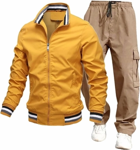 Mens Jacket Overalls 2 Piece Stand Collar Zipper Long Sleeve Jacket Trousers Spring Fall Casual Sport Set with Pocket