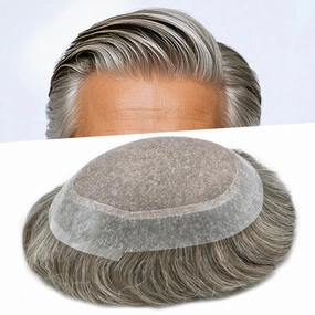 Mens Toupee Hair System For Men Hairpiece Fine Monofilament Toupee For Mens Hair System French Lace Front 8x10 110% light to Medium density#1780 17# DARK ASH BLONDE 80% GREY