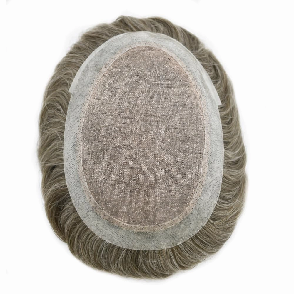 Mens Toupee Hair System For Men Hairpiece Fine Monofilament Toupee For Mens Hair System French Lace Front 8x10 110% light to Medium density#1780 17# DARK ASH BLONDE 80% GREY