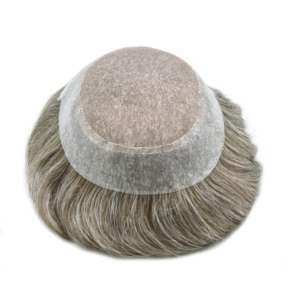 Mens Toupee Hair System For Men Hairpiece Fine Monofilament Toupee For Mens Hair System French Lace Front 8x10 110% light to Medium density#1780 17# DARK ASH BLONDE 80% GREY