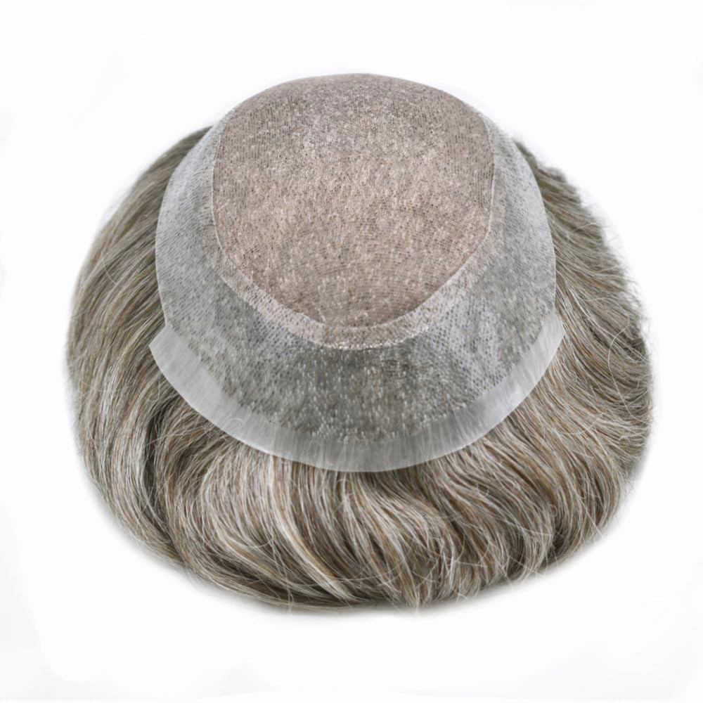 Mens Toupee Hair System For Men Hairpiece Fine Monofilament Toupee For Mens Hair System French Lace Front 8x10 110% light to Medium density#1780 17# DARK ASH BLONDE 80% GREY