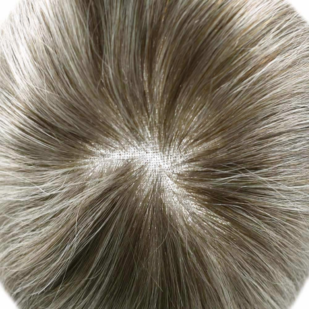 Mens Toupee Hair System For Men Hairpiece Fine Monofilament Toupee For Mens Hair System French Lace Front 8x10 110% light to Medium density#1780 17# DARK ASH BLONDE 80% GREY