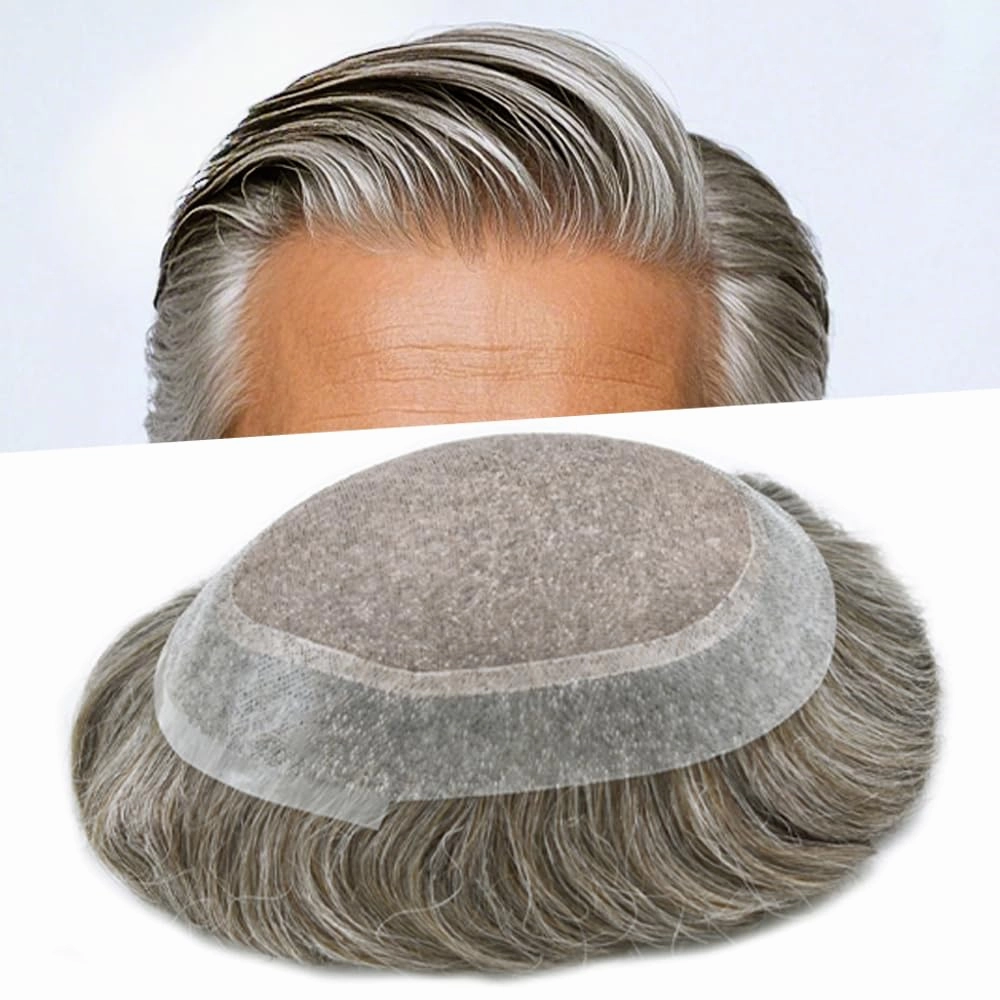 Mens Toupee Hair System For Men Hairpiece Fine Monofilament Toupee For Mens Hair System French Lace Front 8x10 110% light to Medium density#1780 17# DARK ASH BLONDE 80% GREY