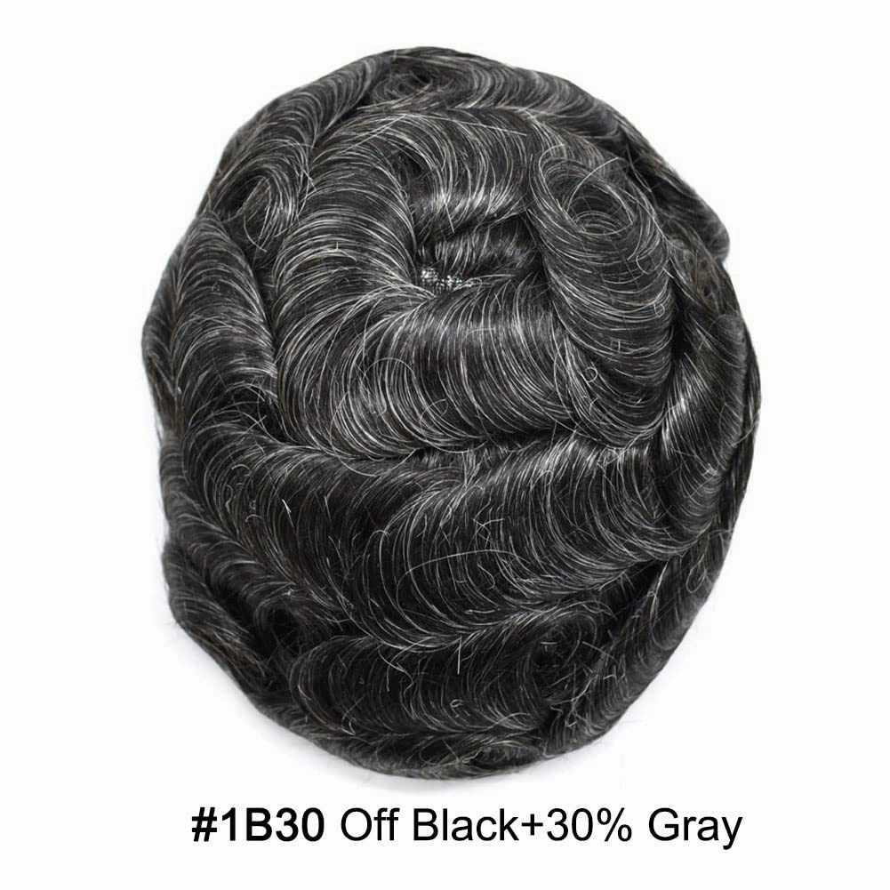 Mens Toupee Hair System For Men Hairpiece Fine Monofilament Toupee For Mens Hair System French Lace Front 8x10 110% light to Medium density#1B30 1B# OFF BLACK 30% GREY
