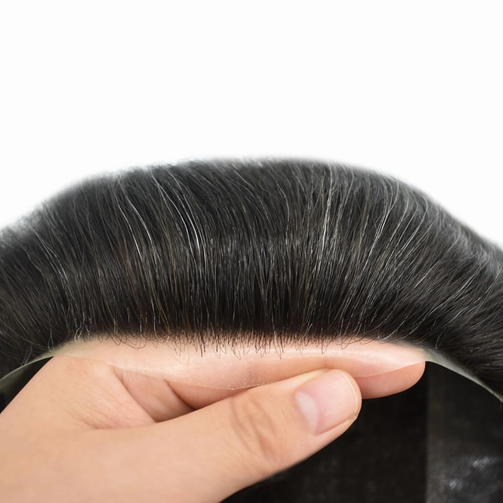 Mens Toupee Hair System For Men Hairpiece Fine Monofilament Toupee For Mens Hair System French Lace Front 8x10 110% light to Medium density#1B30 1B# OFF BLACK 30% GREY
