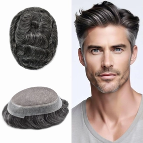 Mens Toupee Hair System For Men Hairpiece Fine Monofilament Toupee For Mens Hair System French Lace Front 8x10 110% light to Medium density#1B30 1B# OFF BLACK 30% GREY