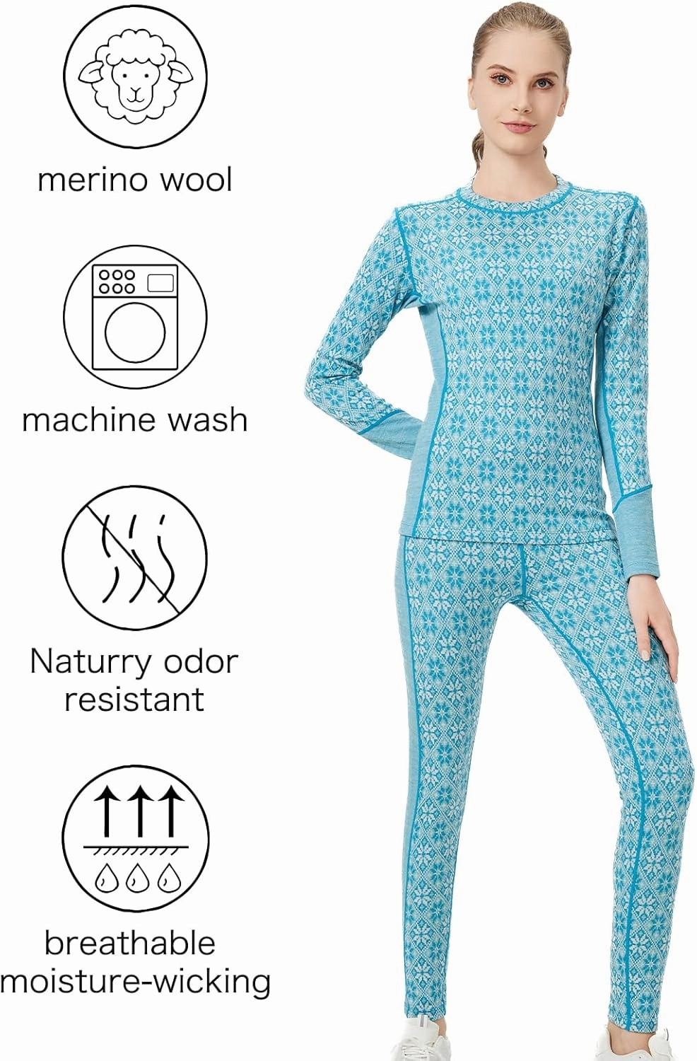Merino Wool Base Layer Set for Women 100% Merino Wool Thermal Underwear Set