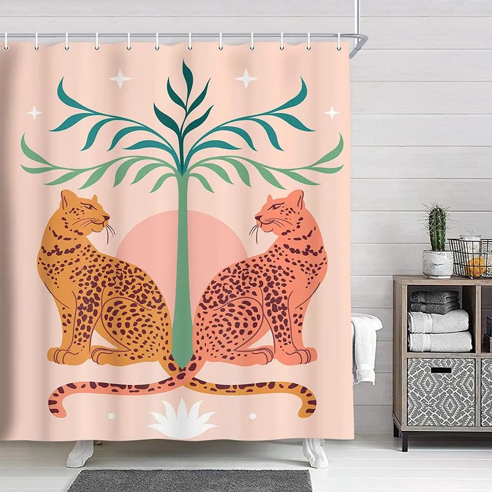 Mid Century Boho Leopard Shower Curtain, Tropical Jungle Pink Vintage Safari Wildlife Animal Fabric Shower Curtain, Abstract Plant Leaves Geometric Cute Terracotta Sun Aesthetic Bath Curtain, 69X70in