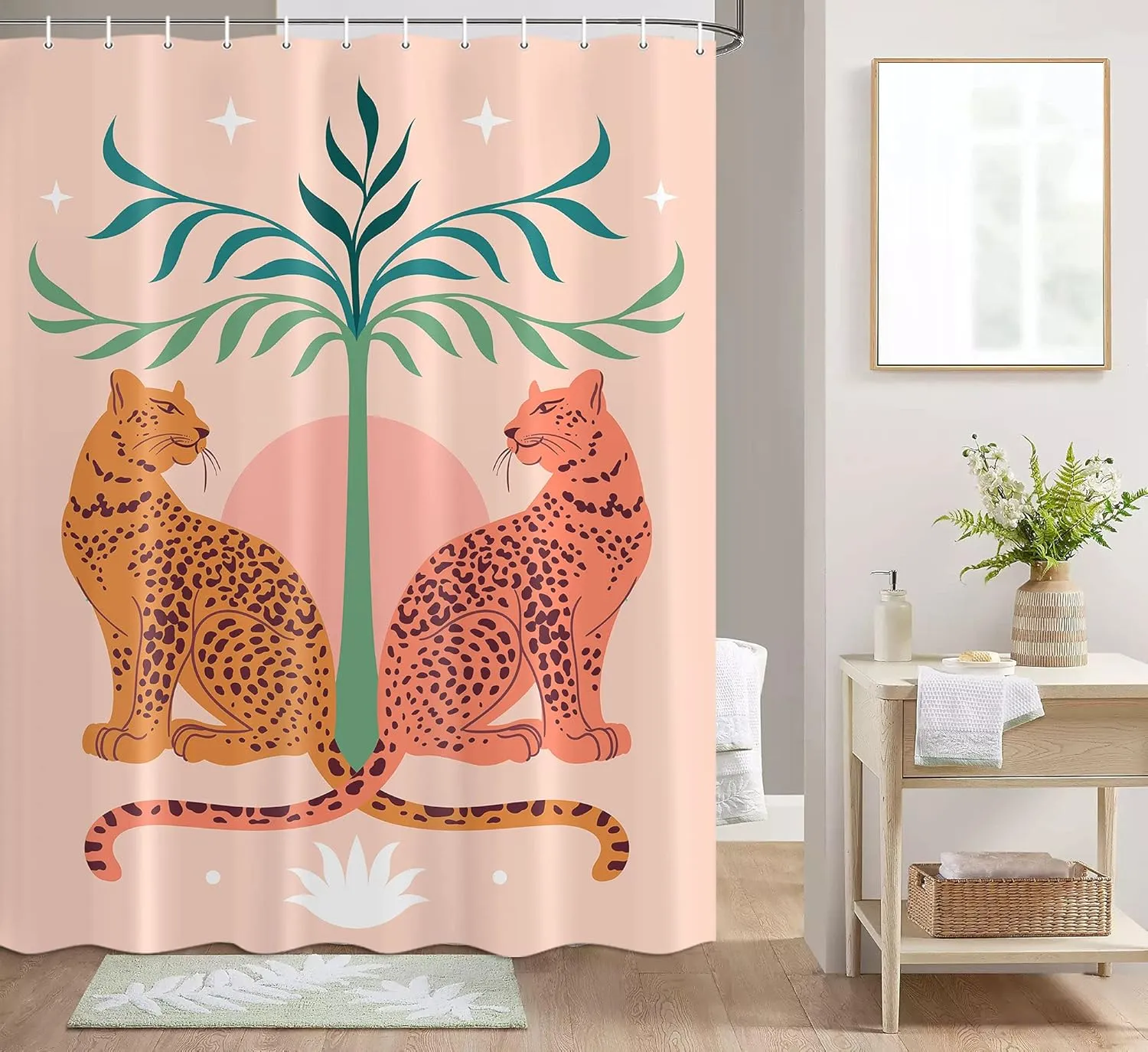 Mid Century Boho Leopard Shower Curtain, Tropical Jungle Pink Vintage Safari Wildlife Animal Fabric Shower Curtain, Abstract Plant Leaves Geometric Cute Terracotta Sun Aesthetic Bath Curtain, 69X70in