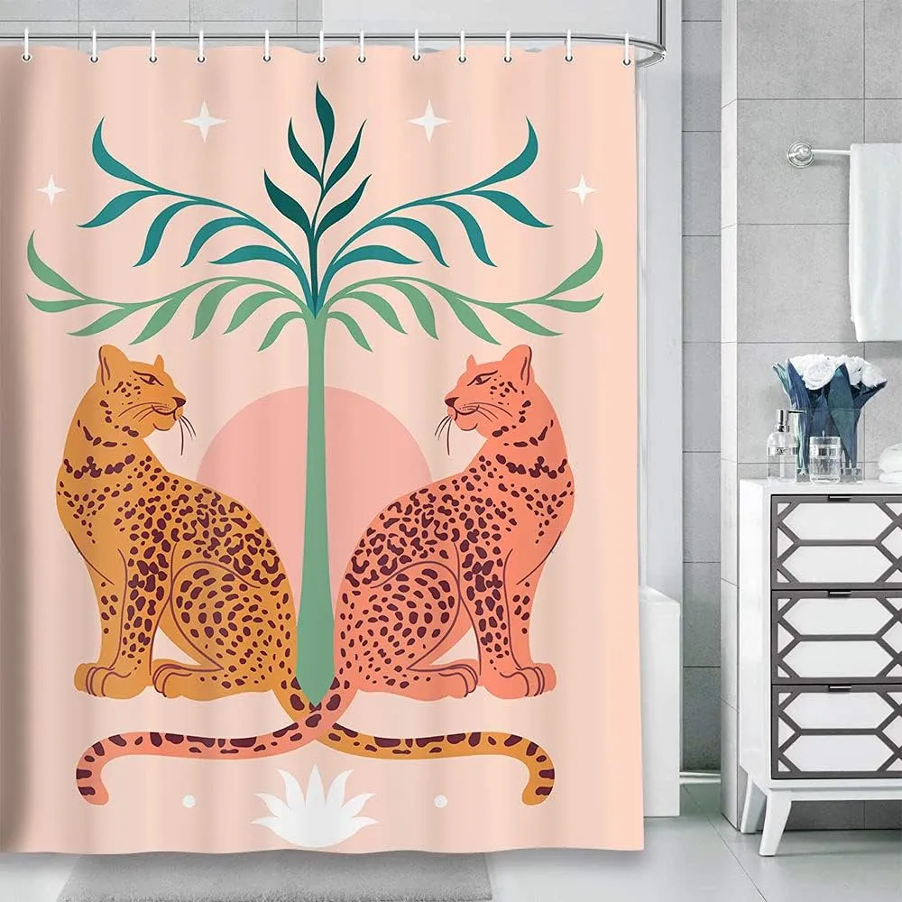 Mid Century Boho Leopard Shower Curtain, Tropical Jungle Pink Vintage Safari Wildlife Animal Fabric Shower Curtain, Abstract Plant Leaves Geometric Cute Terracotta Sun Aesthetic Bath Curtain, 69X70in