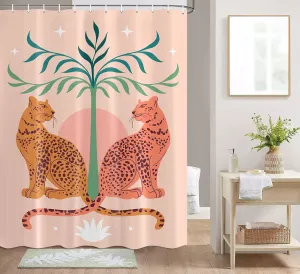 Mid Century Boho Leopard Shower Curtain, Tropical Jungle Pink Vintage Safari Wildlife Animal Fabric Shower Curtain, Abstract Plant Leaves Geometric Cute Terracotta Sun Aesthetic Bath Curtain, 69X70in
