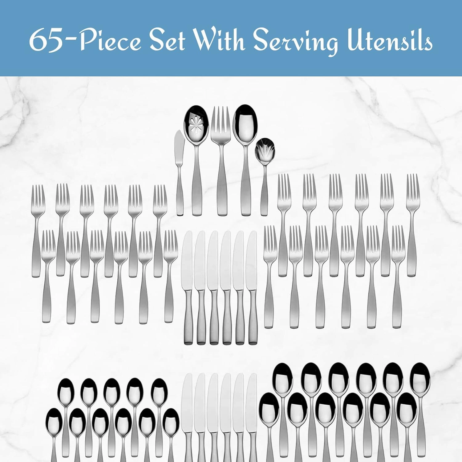 Mikasa, Satin Loft Flatware Service for 12, 65 Piece Set, 18/10 Stainless Steel, Silverware Set with Serving Utensils