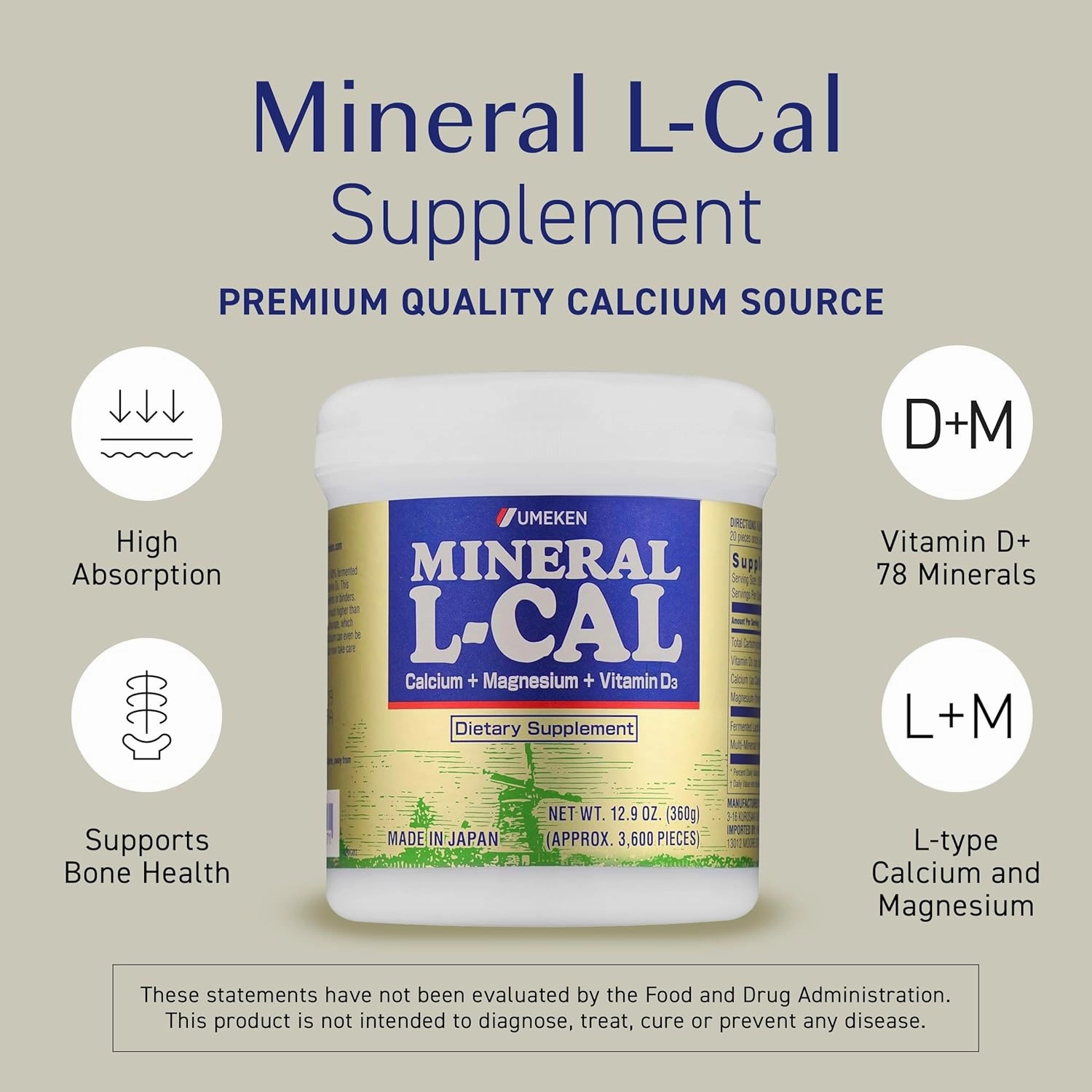 Mineral L-Cal, Calcium with Vitamin D3 In Ball Format, Enriched with Magnesium and Minerals, Water Soluble and Fast Absorbing, Calcium Magnesium D3 Supplement, 3,600 Balls & 360g per Bottle, Pack of 2