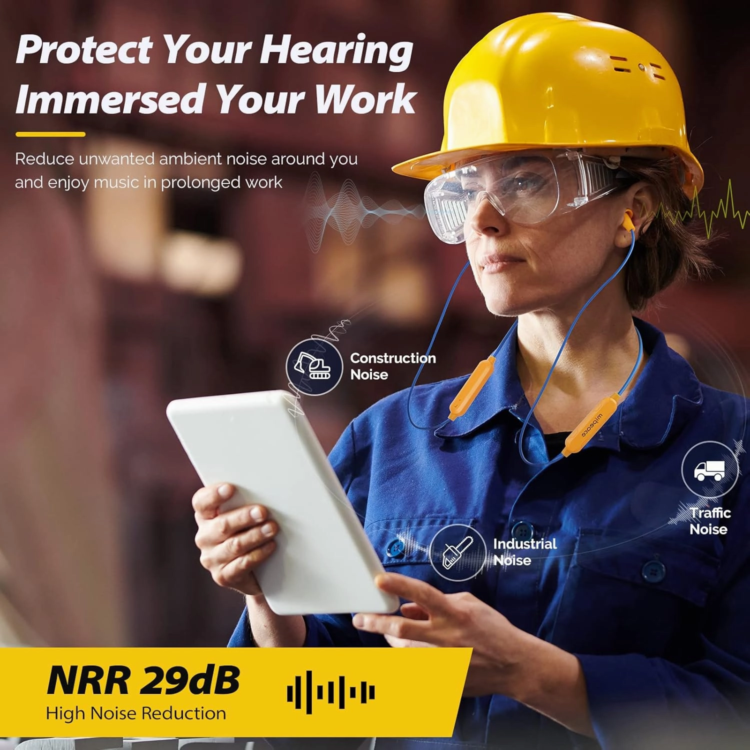 MIPEACE Bluetooth Work Earplugs Headphone,Wireless in-Ear Noise Isolating Earbuds,29dB Noise Reduction Headphone with Control,19  Hours Battery for Lawn Mowing Safety Industrial Construction(Yellow)