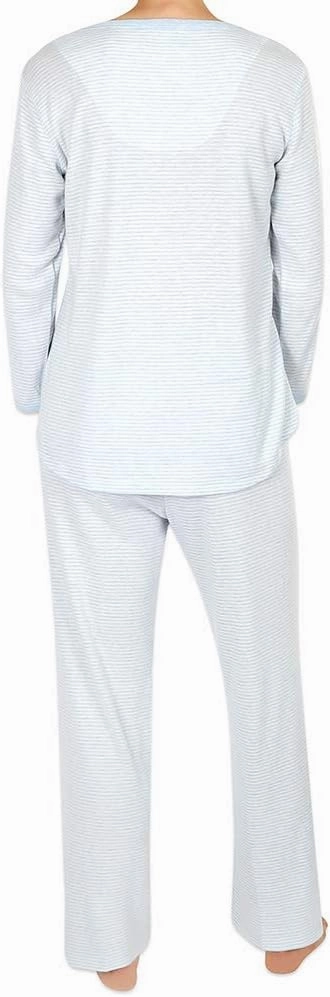 Miss Elaine Pajama's - Brushed Rib Knit Pajama Set, Long Sleeves, V-Neckline (Blue Heather Stripe)