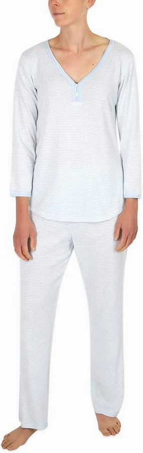 Miss Elaine Pajama's - Brushed Rib Knit Pajama Set, Long Sleeves, V-Neckline (Blue Heather Stripe)