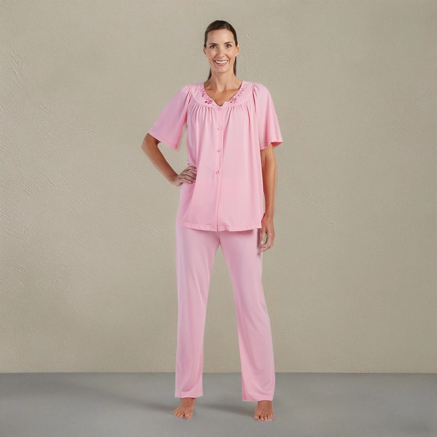 Miss Elaine PJ Set - Women's Nylon Tricot Pajama Set, Short Sleeves, Round Neckline with Embroidered Trim, Button Front Top
