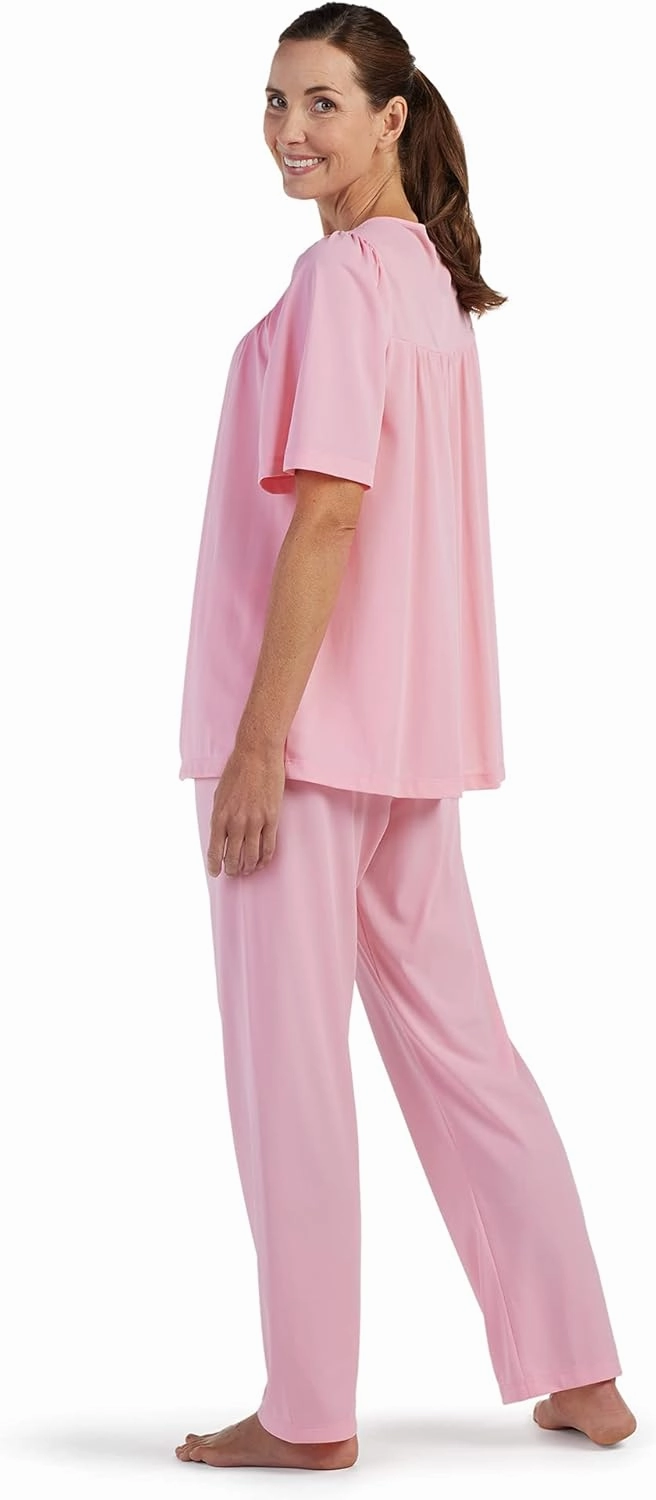 Miss Elaine PJ Set - Women's Nylon Tricot Pajama Set, Short Sleeves, Round Neckline with Embroidered Trim, Button Front Top