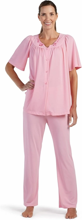 Miss Elaine PJ Set - Women's Nylon Tricot Pajama Set, Short Sleeves, Round Neckline with Embroidered Trim, Button Front Top