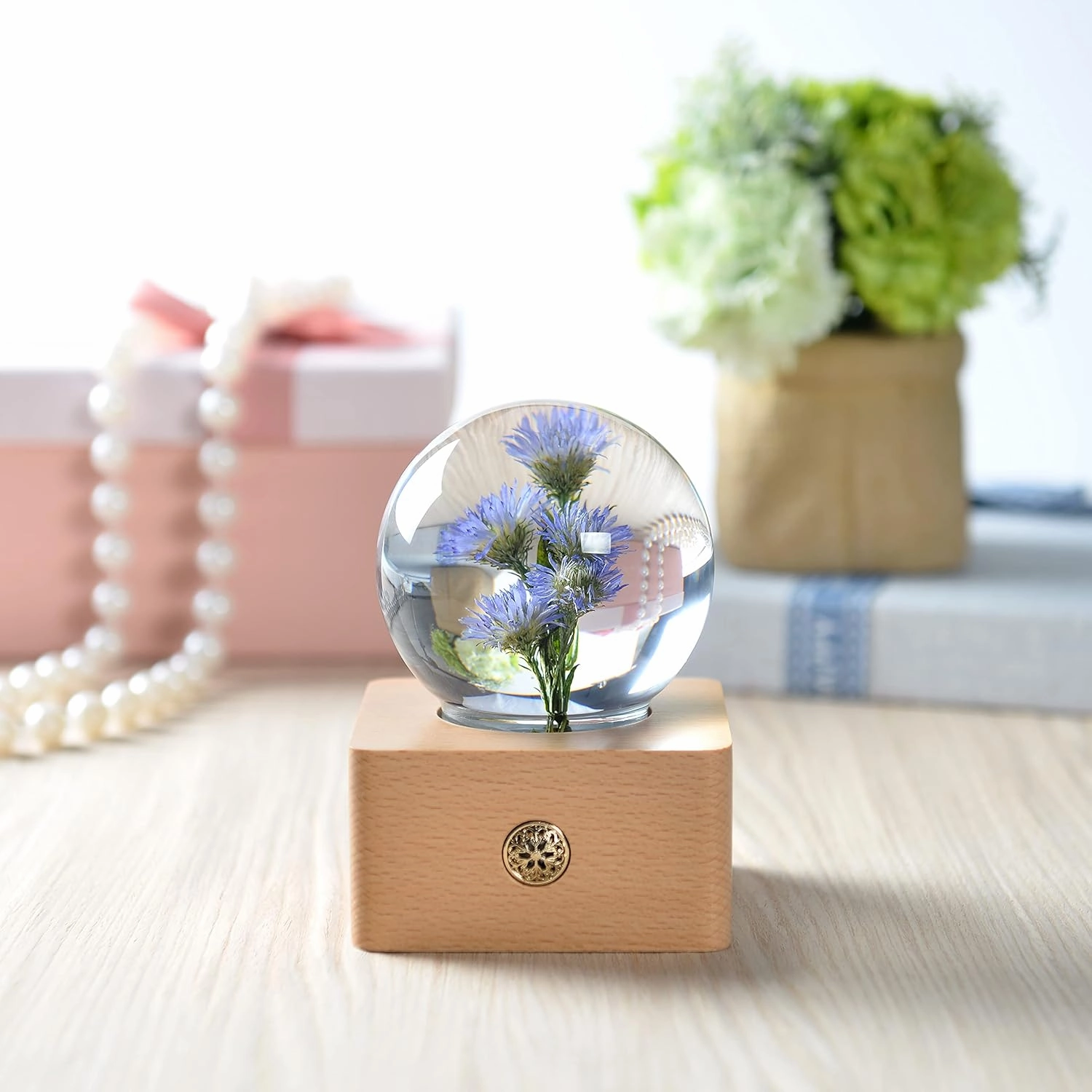 MISS LI GARDEN Forever Flowers Blue Aster in 3D Crystal Ball Elegant Present for Girlfriend Wife Mom Women Enchanted Birthday Anniversary Wedding Home Decor