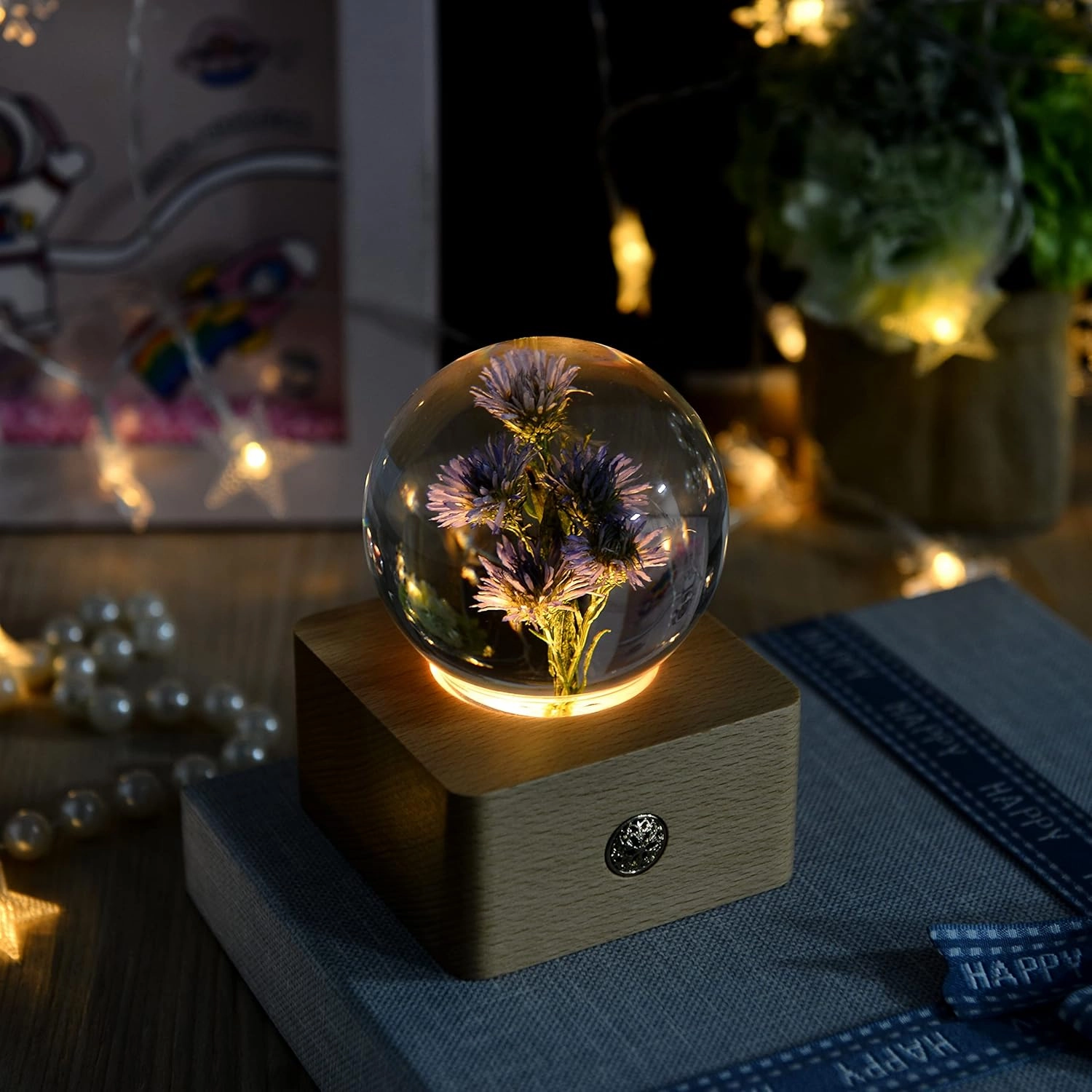 MISS LI GARDEN Forever Flowers Blue Aster in 3D Crystal Ball Elegant Present for Girlfriend Wife Mom Women Enchanted Birthday Anniversary Wedding Home Decor