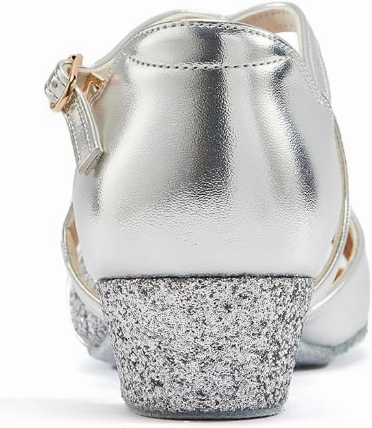 missfiona Girls Soft-Soled Glittering Latin Ballroom Dance Shoes Kids Low Heels