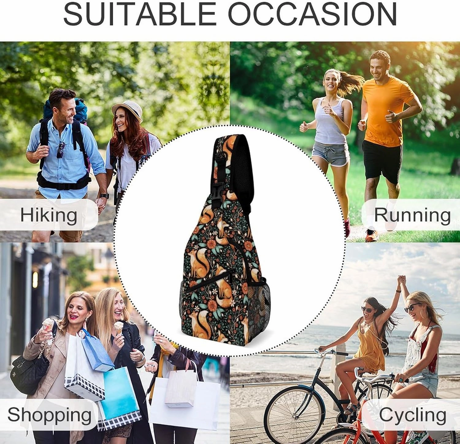 MoBlinko Cute Fox Fall Sling Bag for Women Autumn Forest Flower Adjustable Crossbody Sling Backpack Chest Bag for Travel