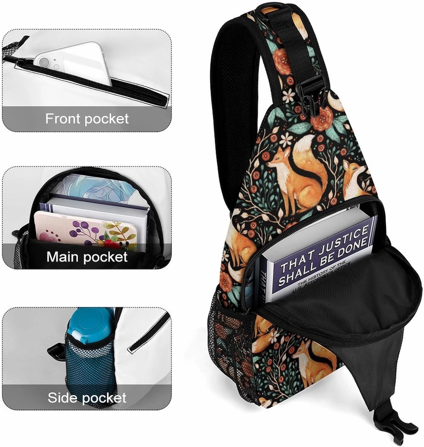 MoBlinko Cute Fox Fall Sling Bag for Women Autumn Forest Flower Adjustable Crossbody Sling Backpack Chest Bag for Travel