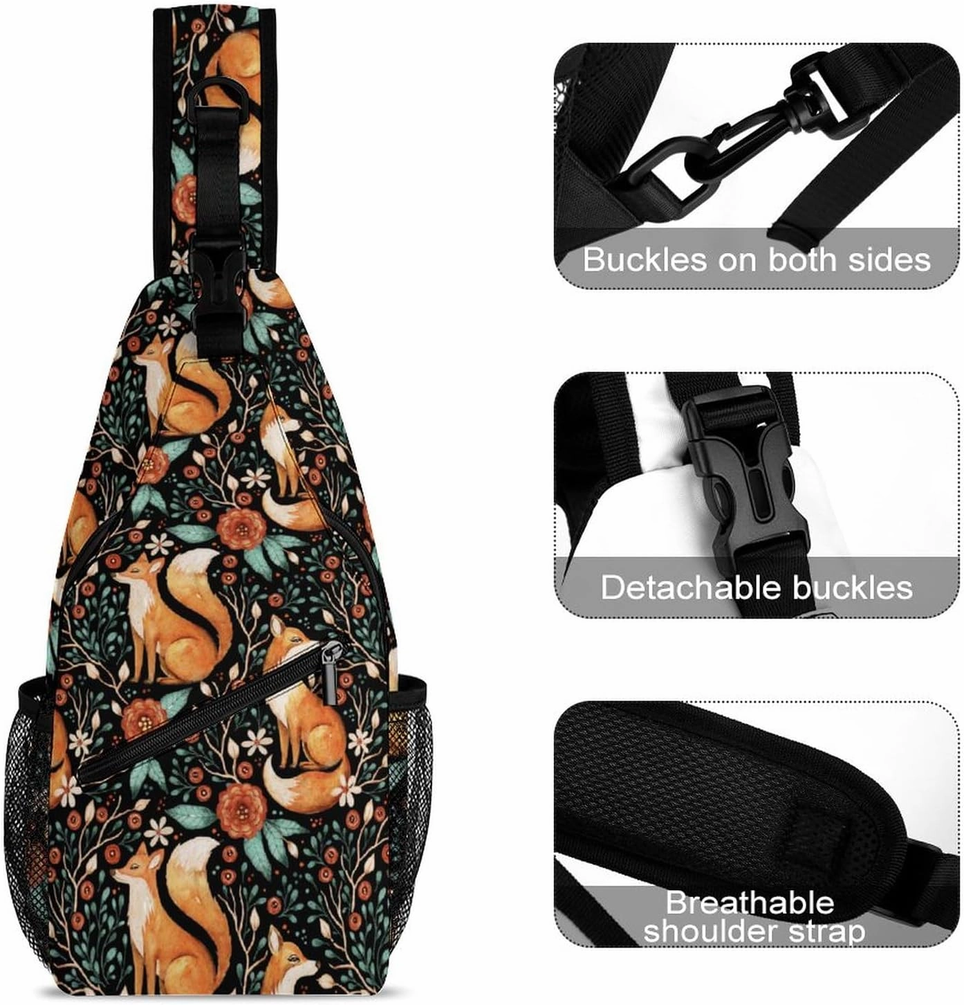 MoBlinko Cute Fox Fall Sling Bag for Women Autumn Forest Flower Adjustable Crossbody Sling Backpack Chest Bag for Travel