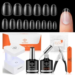 modelones Gel Nail Kit Short Oval Round, Upgrade 510Pcs Fake Nails 15Sizes, 9-in-One Glue Prep Dehydrator & Mini U V Light Clipper, Pre-shaped Half Matte Press on Oval Tips for Extension DIY Salon