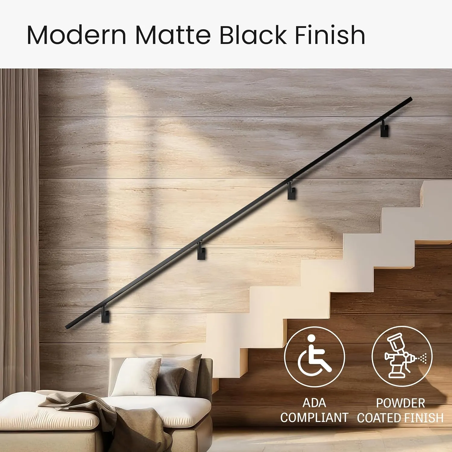Modern Aluminum Handrail Complete DIY Kit – Matte Black with Adjustable Wall Mount Brackets Included (8' Length)