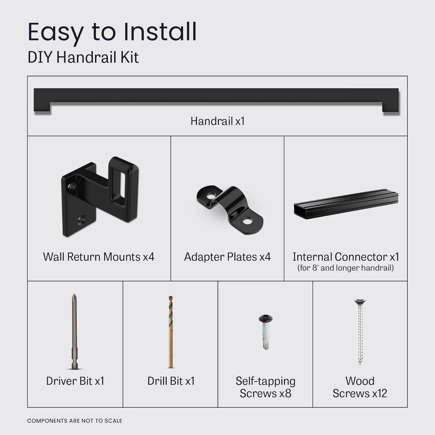 Modern Aluminum Handrail Complete DIY Kit – Matte Black with Adjustable Wall Mount Brackets Included (8' Length)
