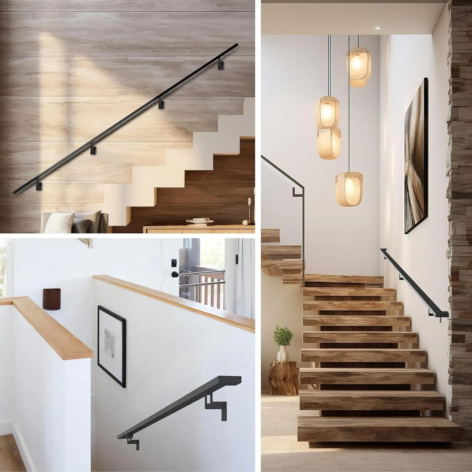 Modern Aluminum Handrail Complete DIY Kit – Matte Black with Adjustable Wall Mount Brackets Included (8' Length)