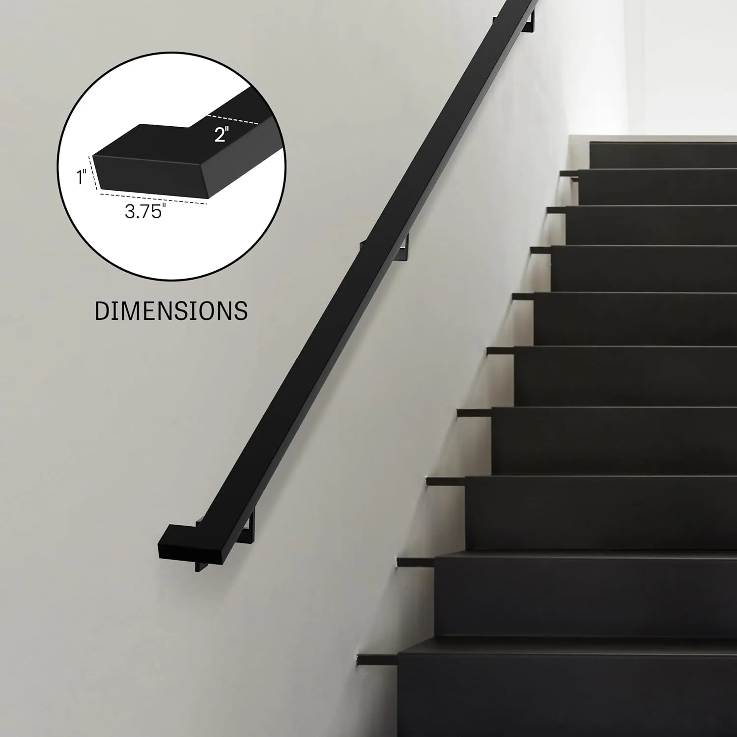 Modern Aluminum Handrail Complete DIY Kit – Matte Black with Adjustable Wall Mount Brackets Included (8' Length)
