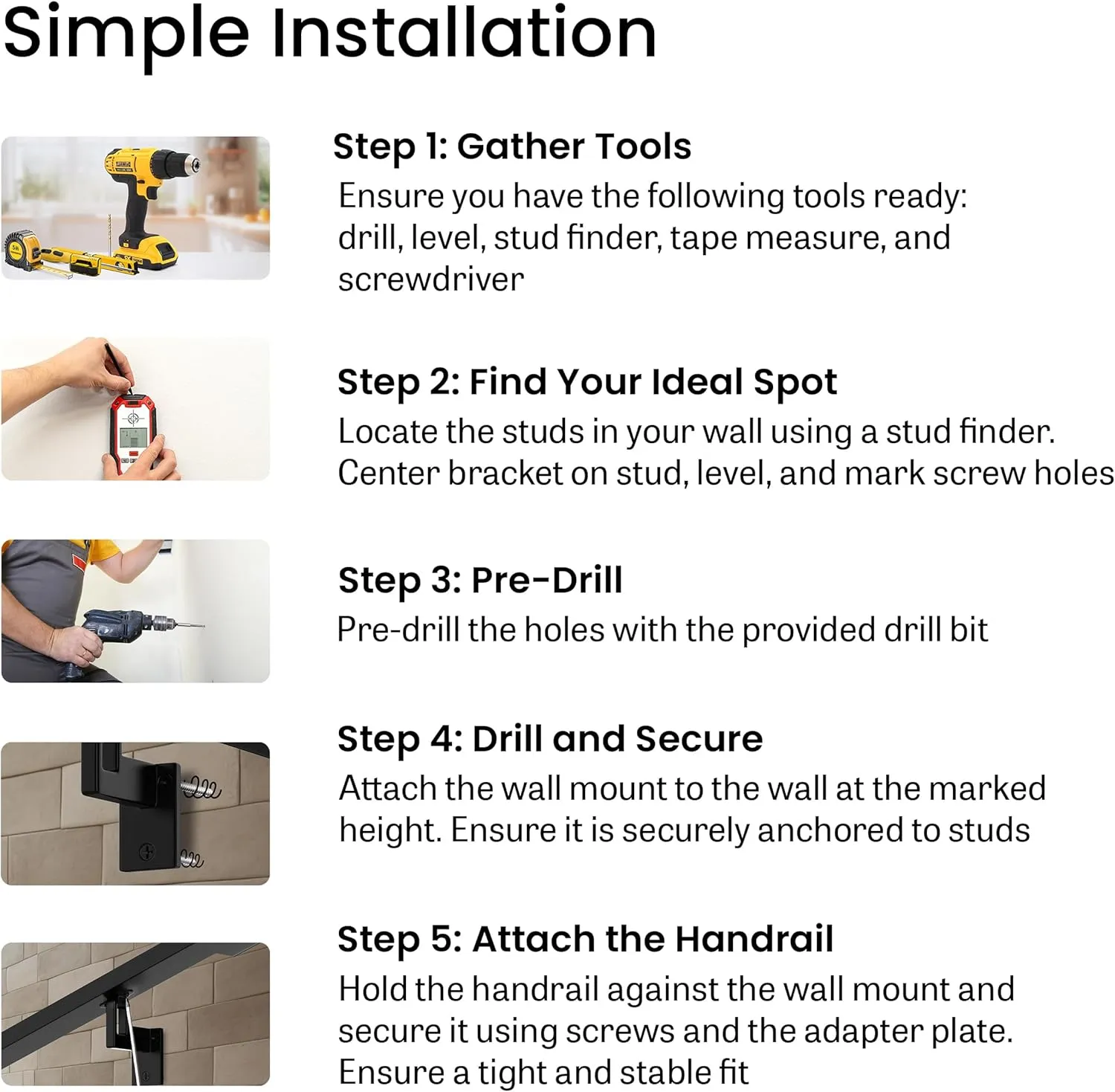 Modern Aluminum Handrail Complete DIY Kit – Matte Black with Adjustable Wall Mount Brackets Included (8' Length)