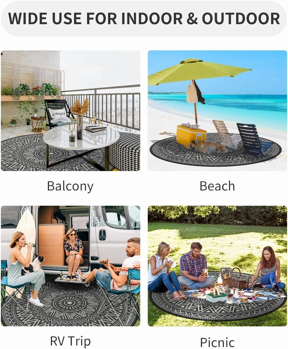 MontVoo Outdoor Rug Carpet Waterproof Round 6ft Outdoor Patio Rug Mat Reverisble Plastic Straw Outdoor Rug for RV Camping Picnic Beach Balcony Boho Grey