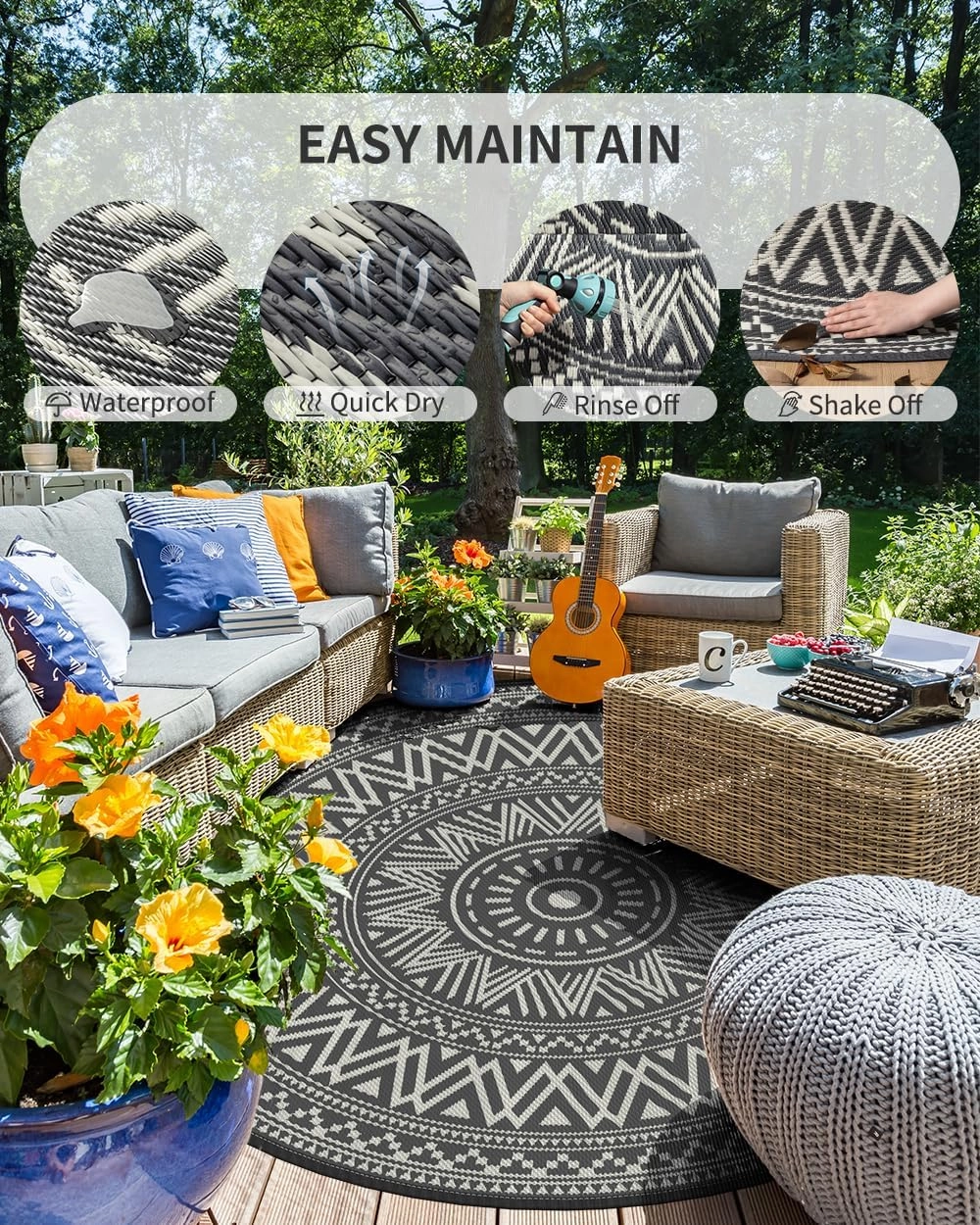 MontVoo Outdoor Rug Carpet Waterproof Round 6ft Outdoor Patio Rug Mat Reverisble Plastic Straw Outdoor Rug for RV Camping Picnic Beach Balcony Boho Grey