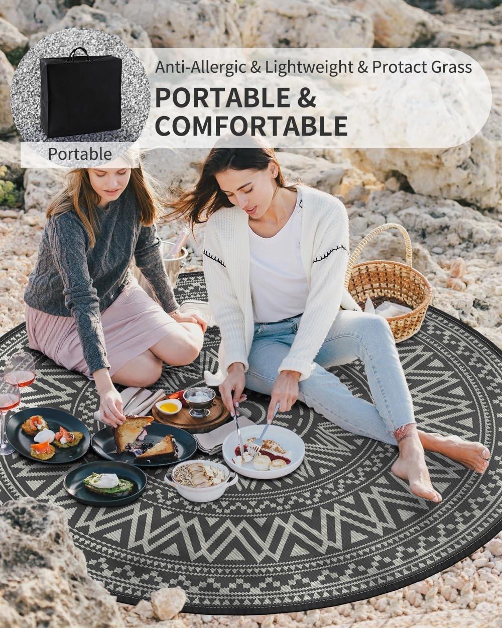 MontVoo Outdoor Rug Carpet Waterproof Round 6ft Outdoor Patio Rug Mat Reverisble Plastic Straw Outdoor Rug for RV Camping Picnic Beach Balcony Boho Grey