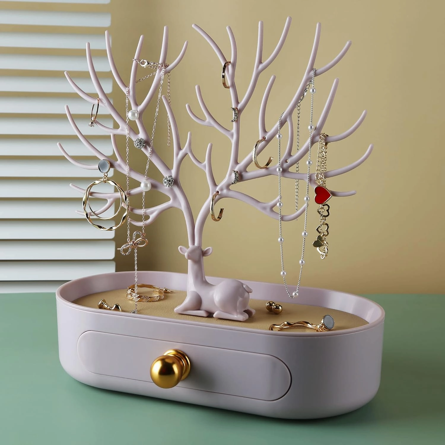 MORE&LESS Antlers Jewelry Display Stand with Aluminium alloy handle, Tree Tower Rack Hanging Organizer for Ring Earrings Necklace Bracelet, Deer Horn Tree Stand with Storage Drawer and Tray