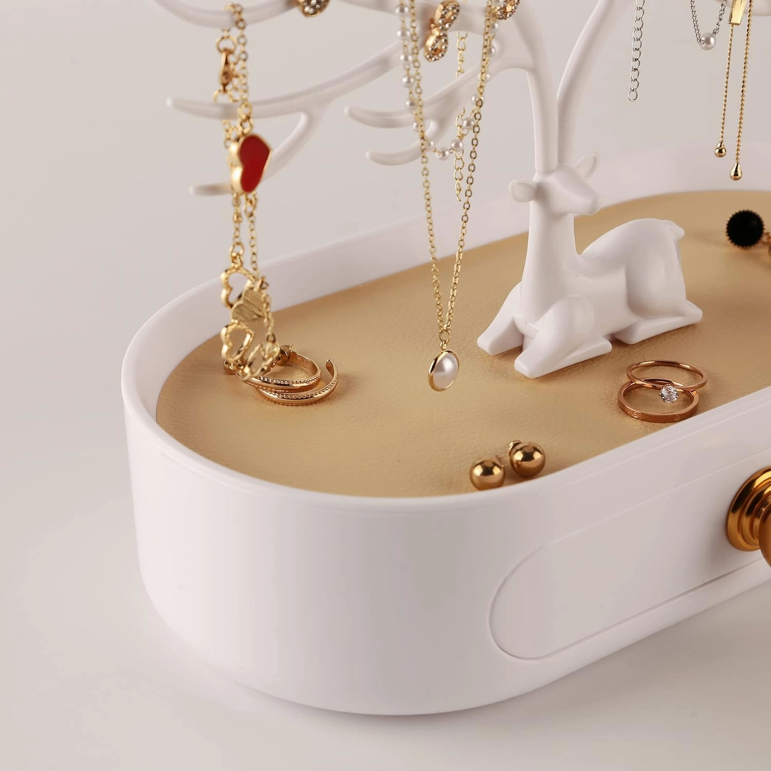 MORE&LESS Antlers Jewelry Display Stand with Aluminium alloy handle, Tree Tower Rack Hanging Organizer for Ring Earrings Necklace Bracelet, Deer Horn Tree Stand with Storage Drawer and Tray