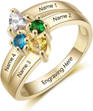 Mothers Rings with 4 Simulated Birthstones Engraved 4 Names Personalized Custom Family Rings Christams Jewelry for Mom Grandma