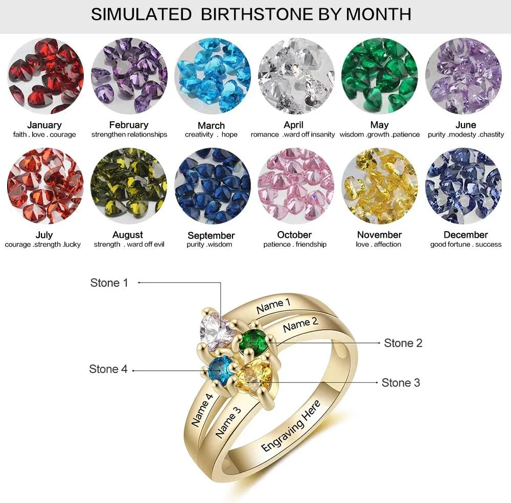 Mothers Rings with 4 Simulated Birthstones Engraved 4 Names Personalized Custom Family Rings Christams Jewelry for Mom Grandma