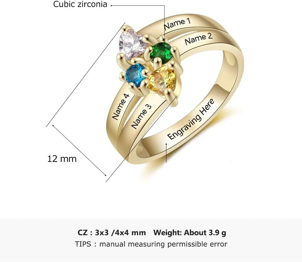 Mothers Rings with 4 Simulated Birthstones Engraved 4 Names Personalized Custom Family Rings Christams Jewelry for Mom Grandma