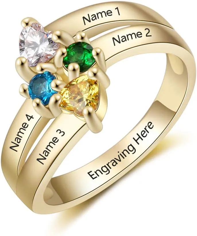 Mothers Rings with 4 Simulated Birthstones Engraved 4 Names Personalized Custom Family Rings Christams Jewelry for Mom Grandma