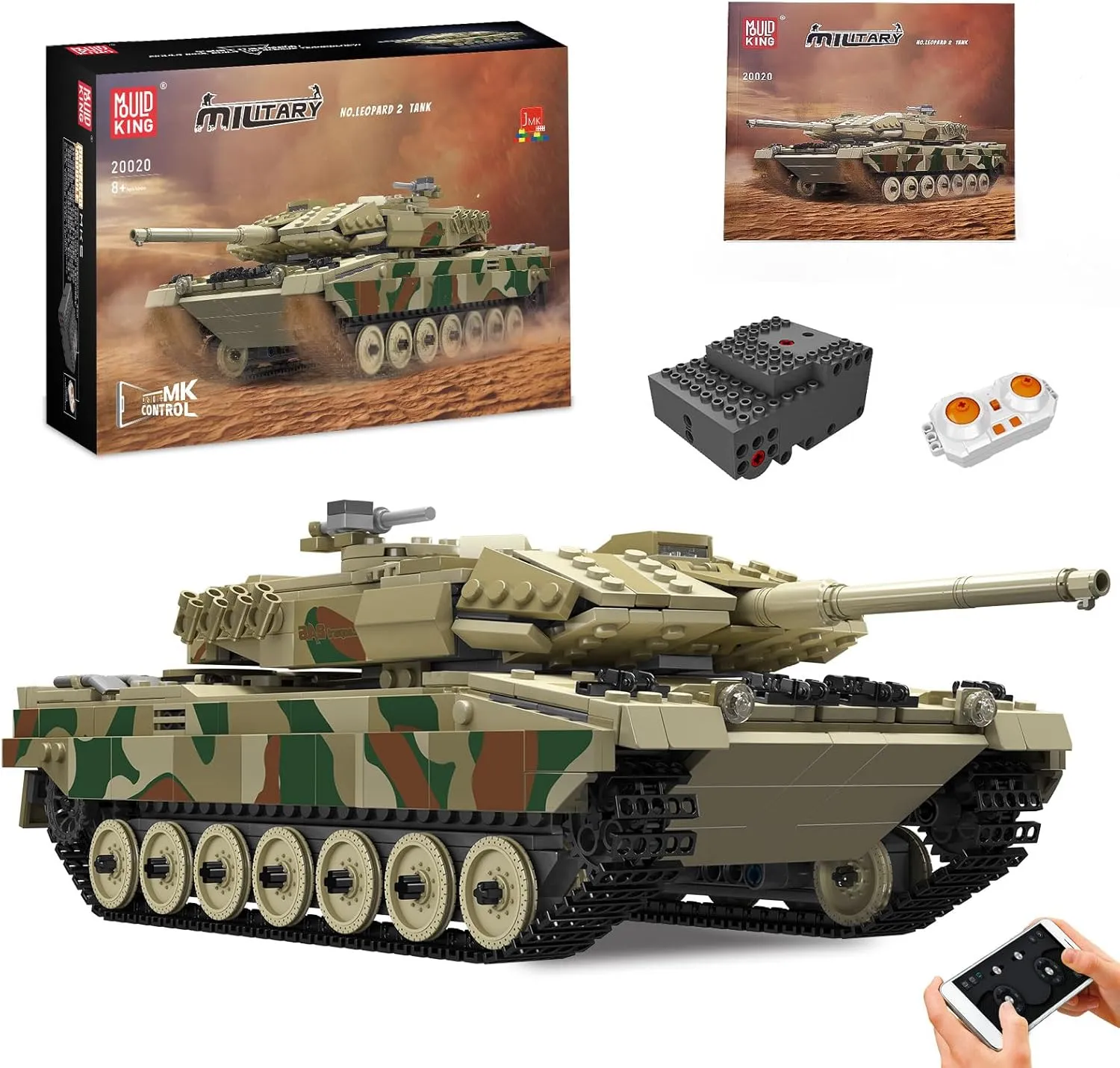 Mould King 20020 High-Tech MOC Leopard 2 Tank Toy,Military Vehicles Construction Blocks Set,Remote Control Electric Building Brick Blocks for Boys and Kids Ages 8 (1091  Pieces)