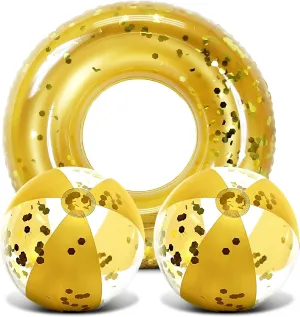 Mozlly Bundle of Gold Inflatable Pool Float Tube & Beach Balls Set of 3 - Premium Confetti Swim Ring (36") & Pool Balls (16"), Fun Water Pool Toys for Beach - 3 Pack