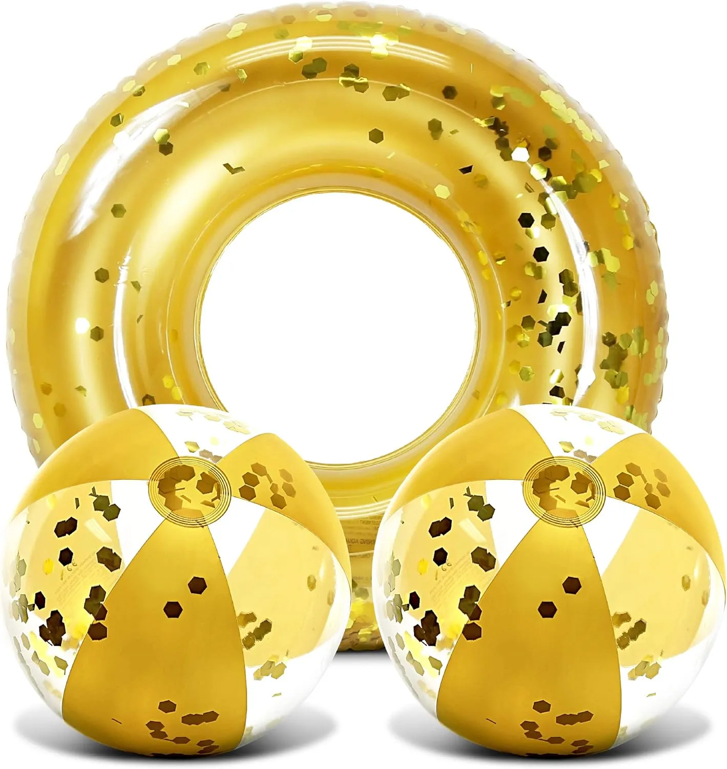 Mozlly Bundle of Gold Inflatable Pool Float Tube & Beach Balls Set of 3 - Premium Confetti Swim Ring (36") & Pool Balls (16"), Fun Water Pool Toys for Beach - 3 Pack