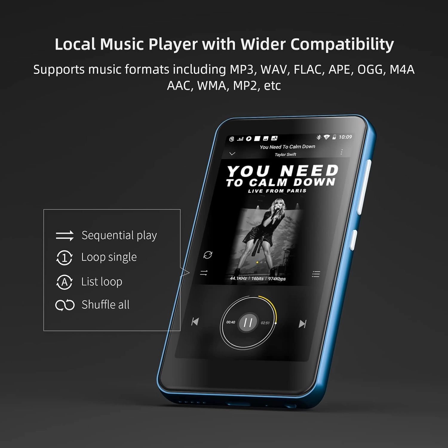 MP3 Player with Bluetooth and WiFi,MP3 Player with Spotify,Spotify Kids,Audible,Pandora,Amazon Music,4" Music Player MP4 Up to 1TB(80GB,Blue_White)